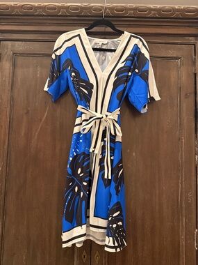 Reiss Blue and Cream Floral Wrap Midi Dress